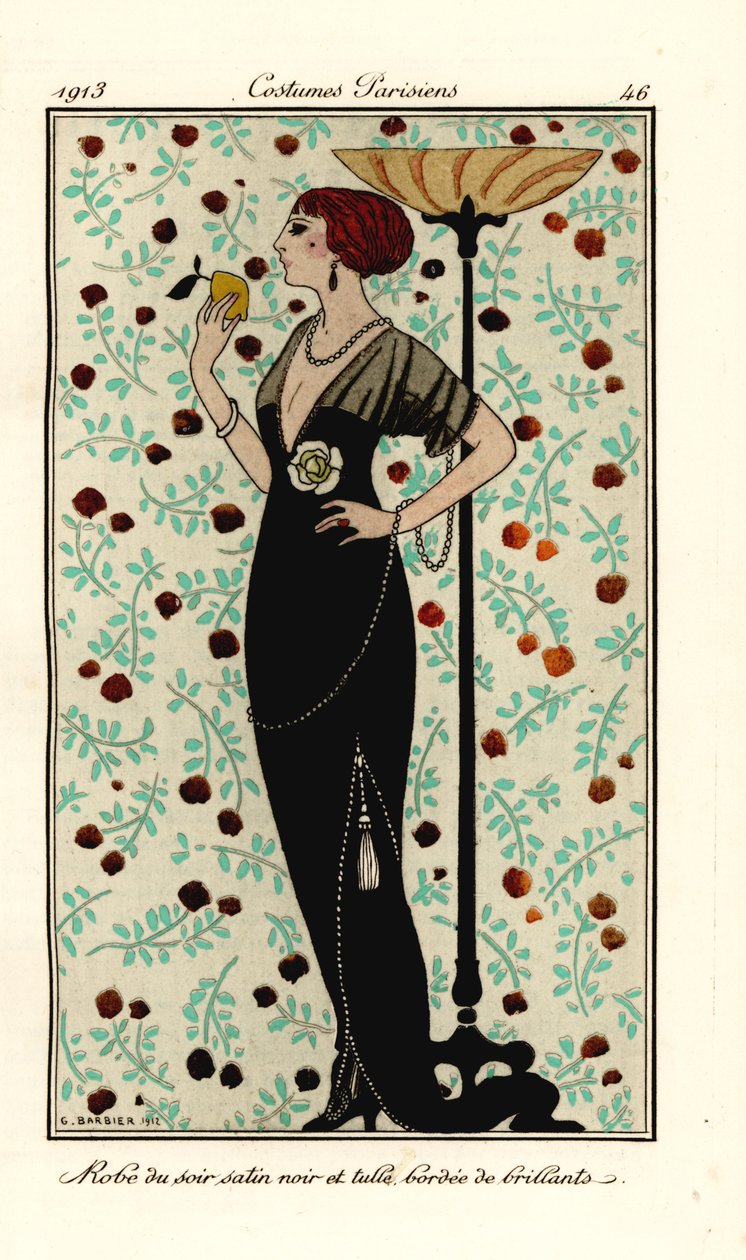 Woman in Evening Gown of Black Satin and Tulle, Edged with Brilliants by Georges Barbier