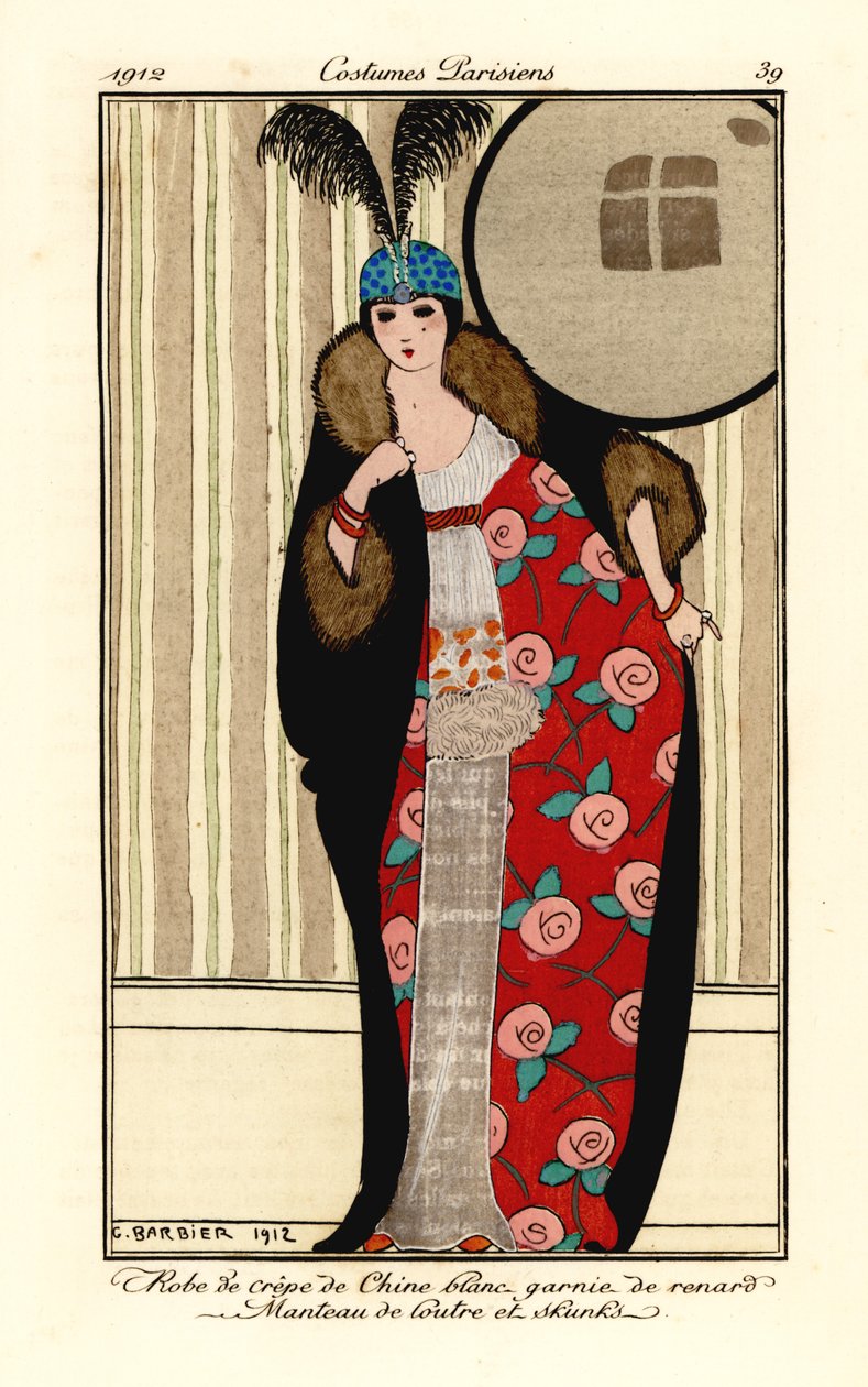 Woman in white crepe de chine dress, cape of otter and skunk fur lined with floral pattern, skull cap with plumes by Georges Barbier