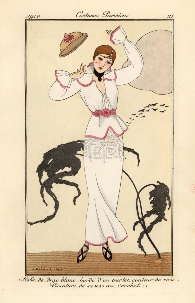 Woman in white wool dress with pink trim, belt of crocheted roses, losing her hat in the wind by Georges Barbier