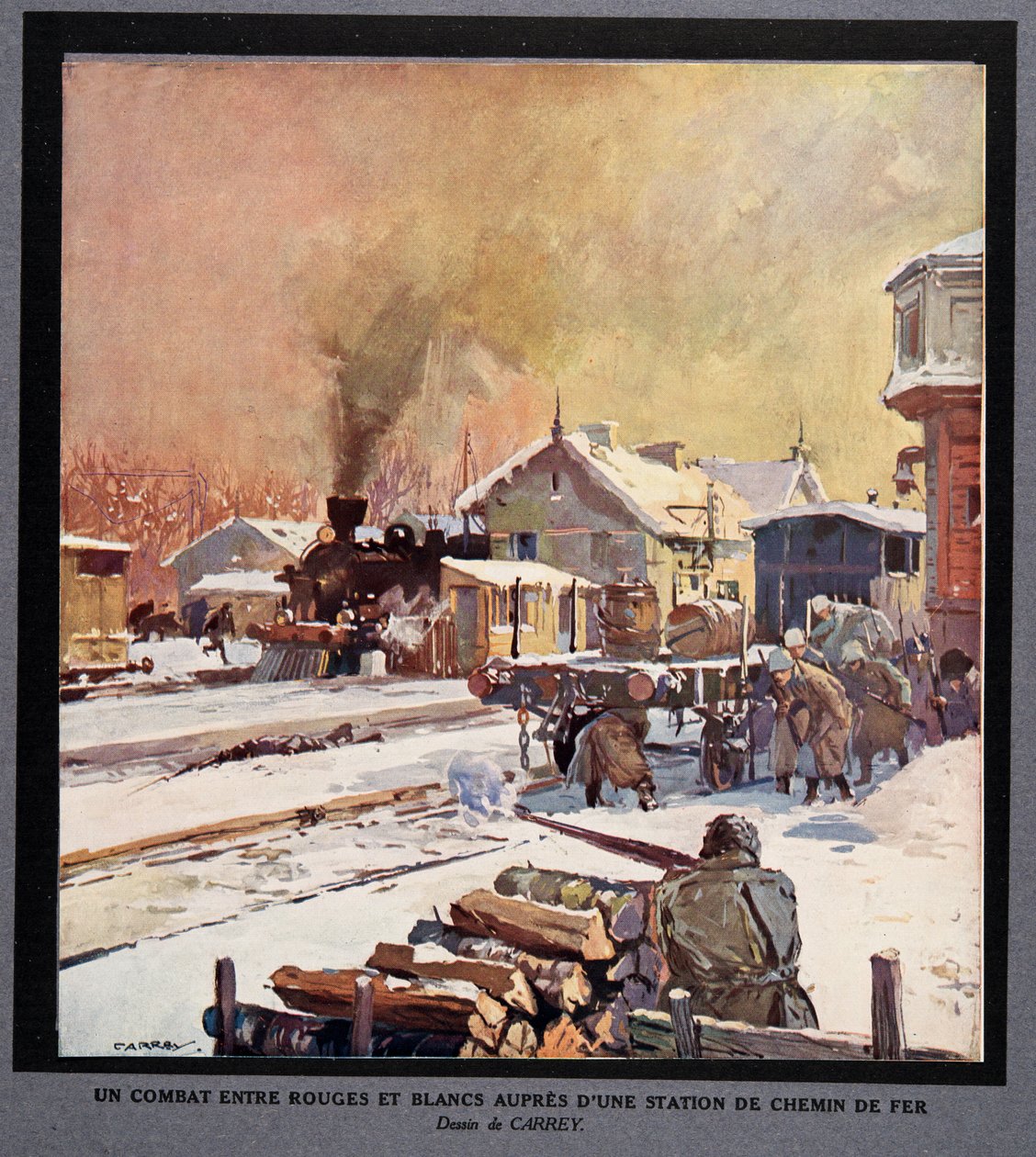 A Fight Between the Red and White Guard at a Railway Station, from Histoire des Soviets, pub. 1922 by Georges Carrey