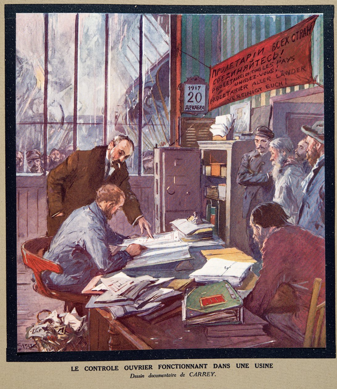 Worker Control Operating in a Soviet Factory at the Time of the Revolution in 1917, from Histoire des Soviets, pub. 1922 by Georges Carrey
