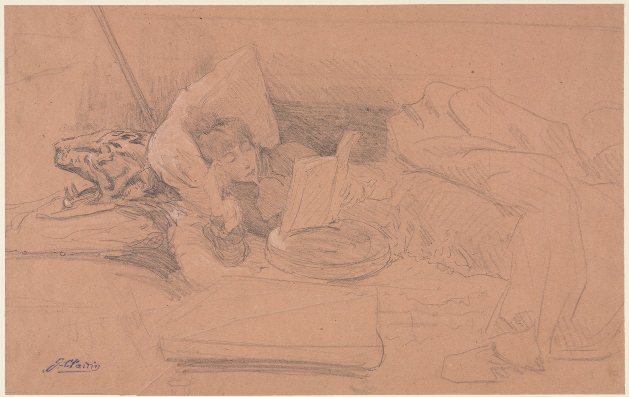 Sarah Bernhardt Reclining on a Divan, Reading by Georges Jules Victor Clairin