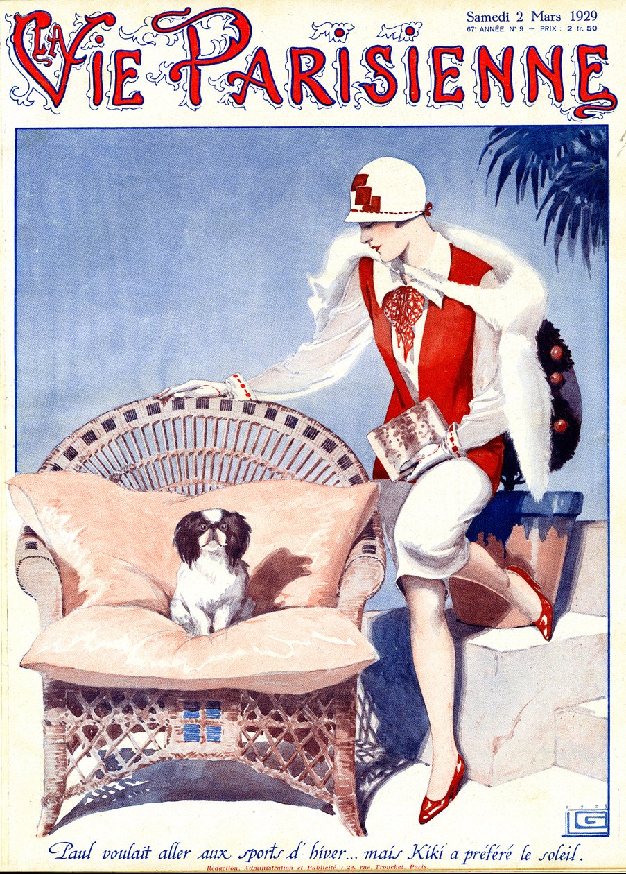 Paul wished to go skiing... but Kiki prefers the sunshine - illustration from La Vie Parisienne by Georges Leonnec