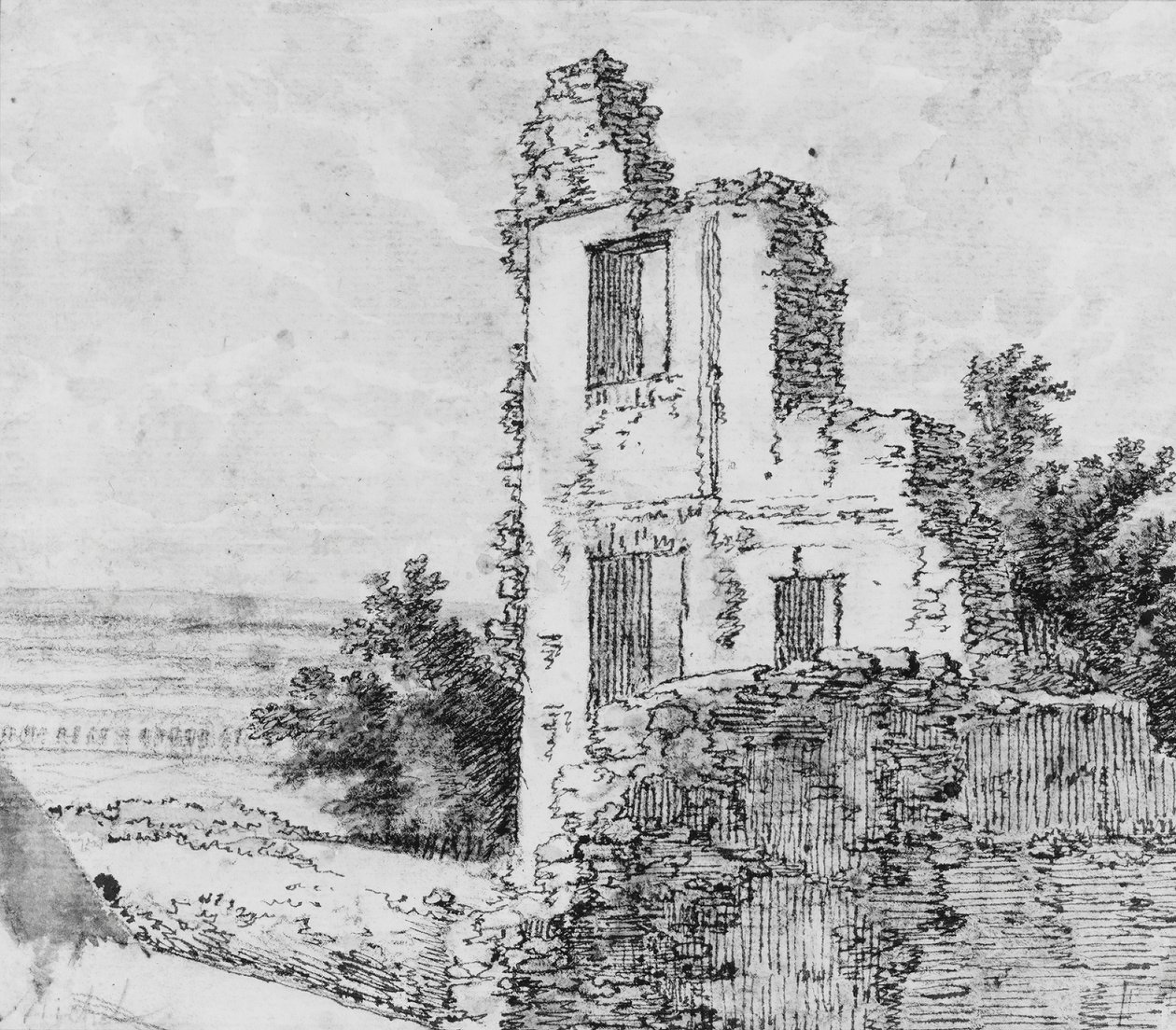 An Allée of Trees in a Park (recto), The Ruins of a Building on a Hill (verso) by Georges Michel