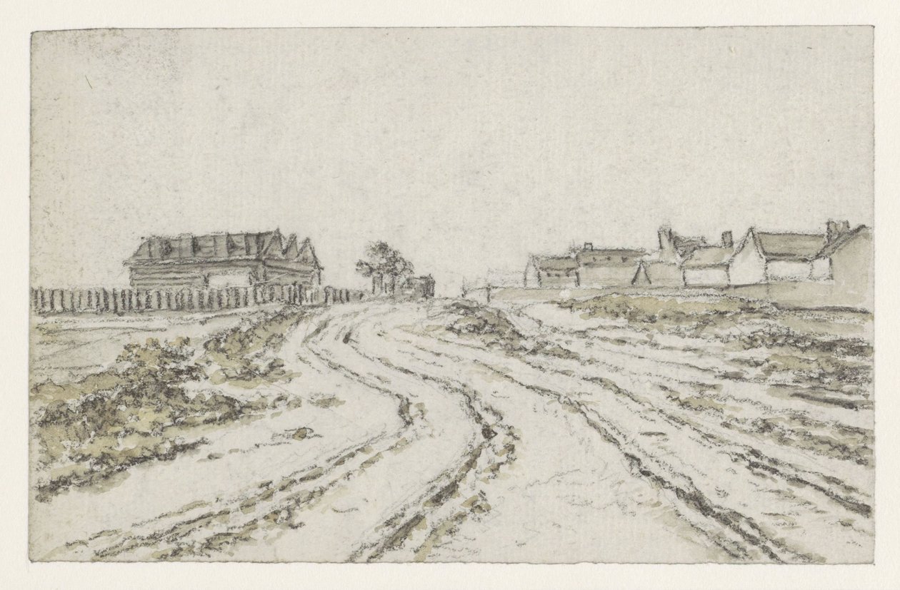 Road with Deep Cart Tracks, Houses on the Left and Right in the Distance by Georges Michel