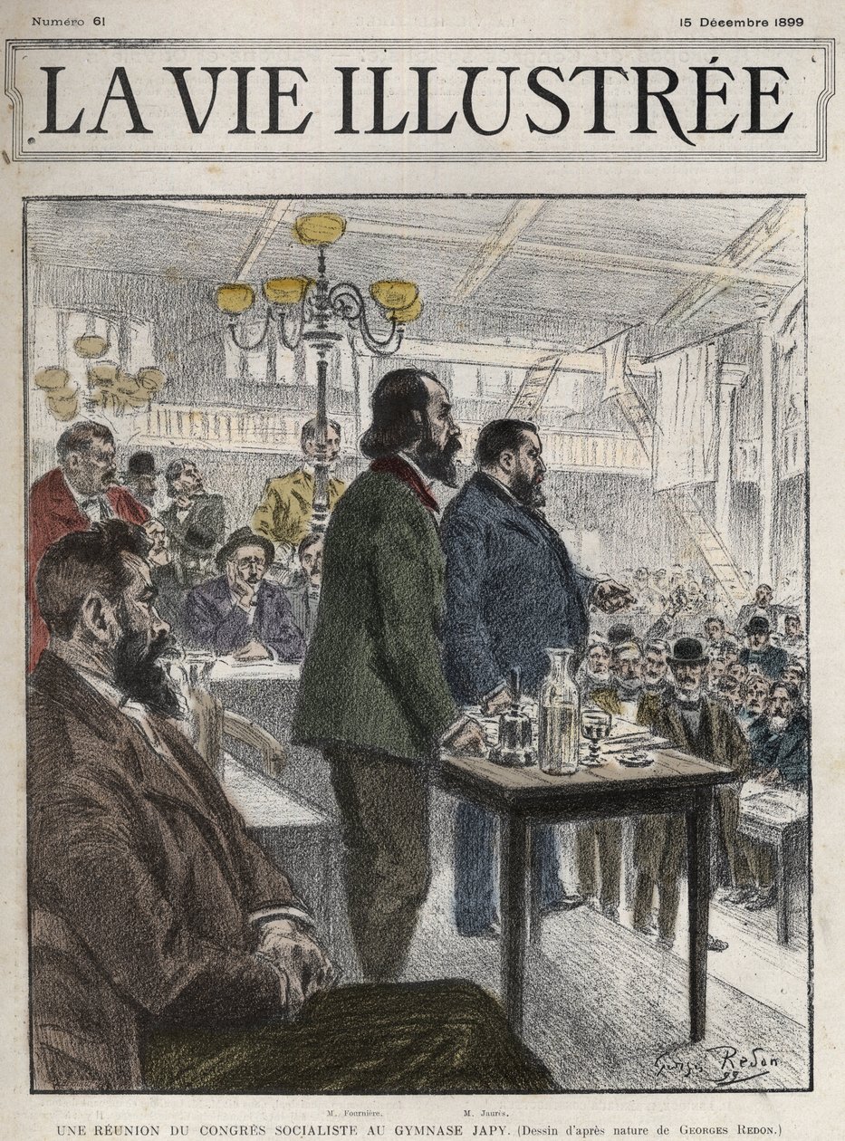General Congress of Socialist Organizations, held in Paris in December 1899, at the Gymnasium Japy - Jean Jaures (1859-1914) and Eugene Fournier (1857-1914) drawing by Georges Redon - la vie illustree de 1899 by Georges Redon