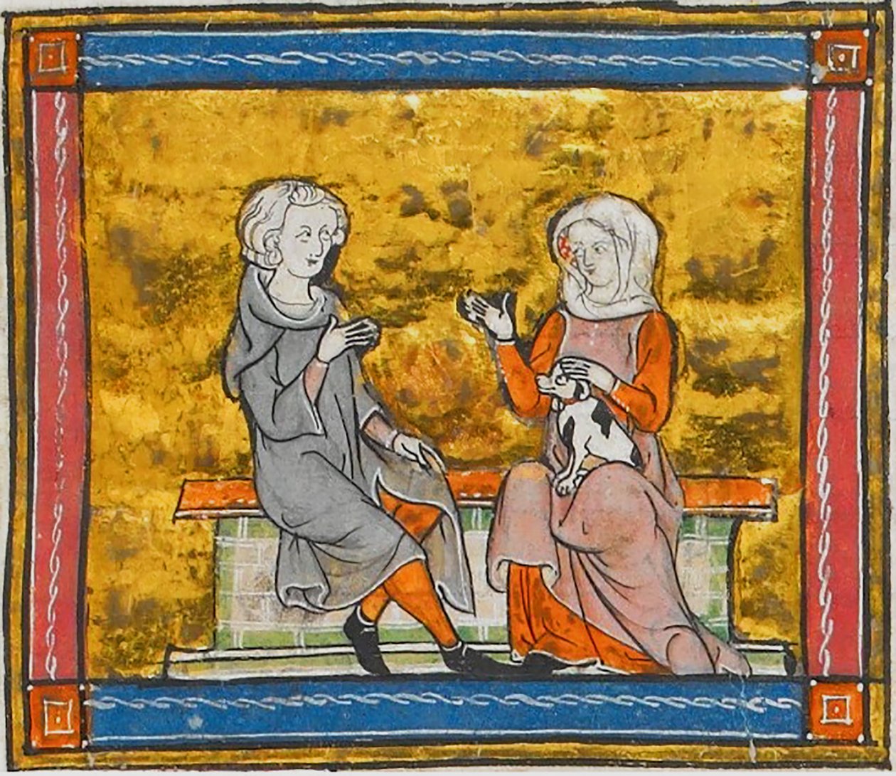 Lancelot in conversation with a lady holding a small black and white dog, from Morte Artu, c. 1315-1325 by Georgia Levan Ramishvili from Tbilisi