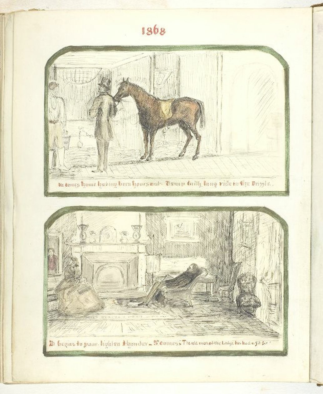Untitled [man with horse, and couple relaxing by the fire] by Georgina Cowper