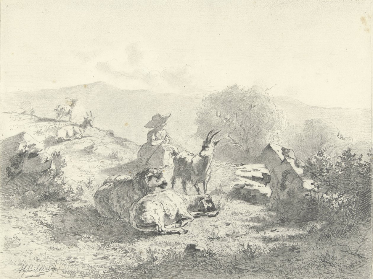 Shepherdess with Goats and Sheep in a Mountainous Landscape by Gerard Bilders