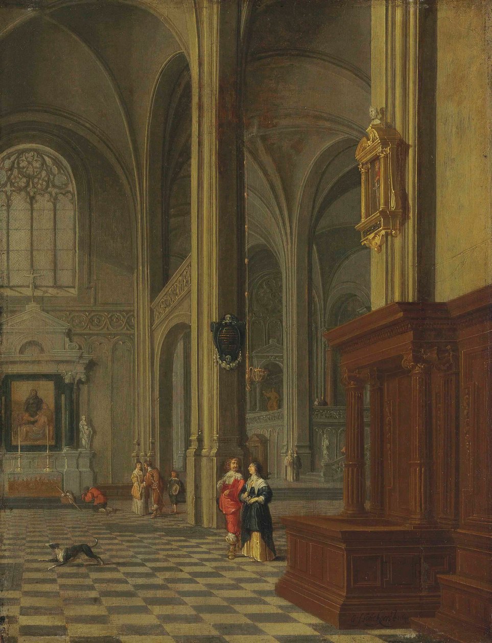 Interior of a Church: A Gothic Church Interior with Elegant Figures by Gerard Houckgeest