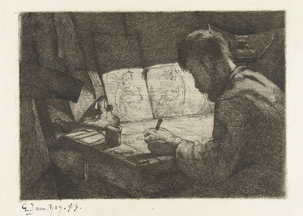 Self-Portrait at the Drawing Table by Gerard Jan Bos (signed by artist)