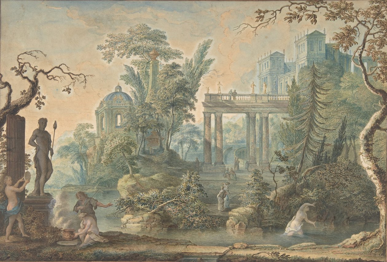 Arcadian Landscape with several Figures and a Statue of Apollo, 18th century by Gerard Melder