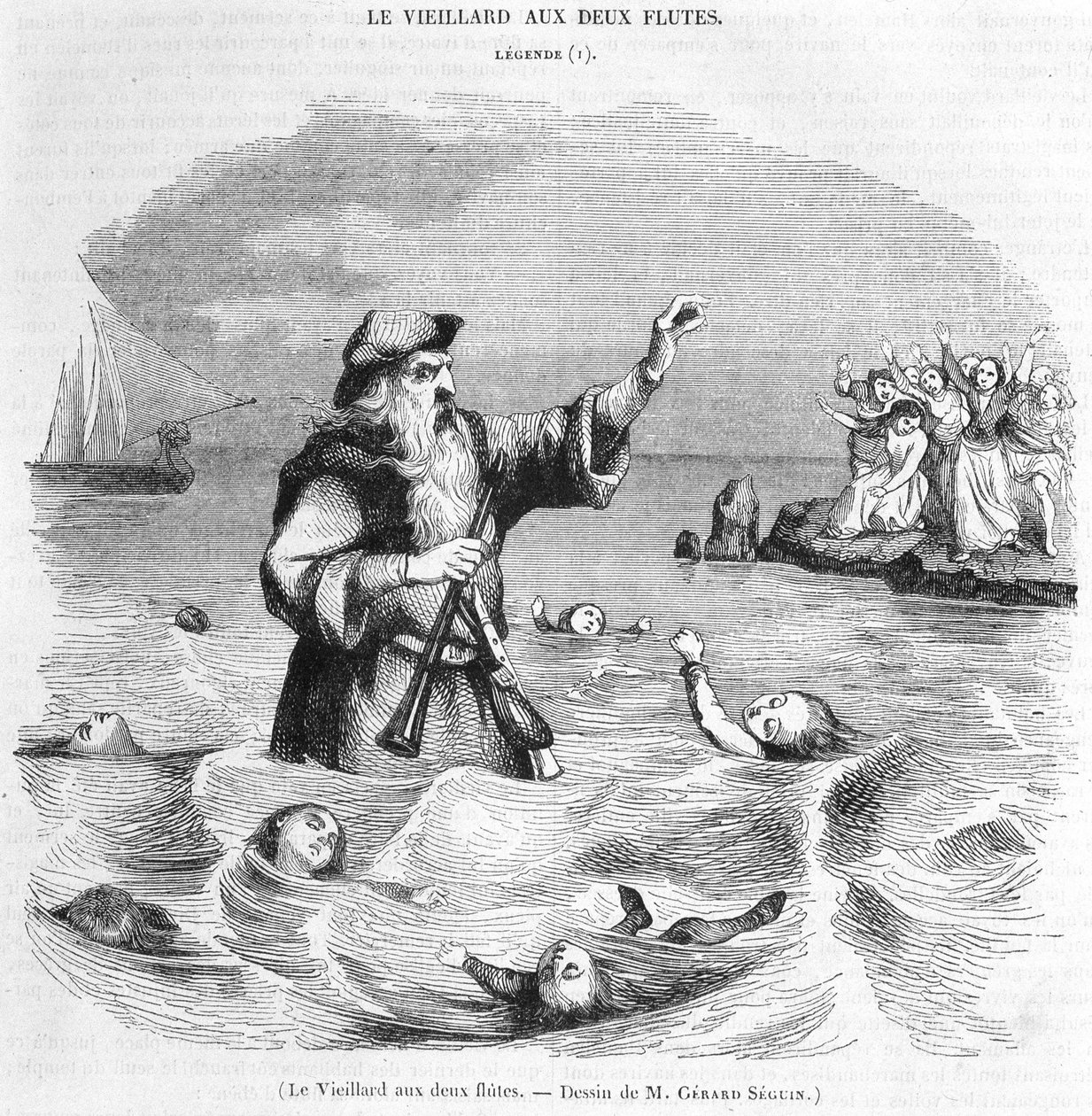 The old man with two flutes. Drawing by Gérard Séguin by Gerard Seguin