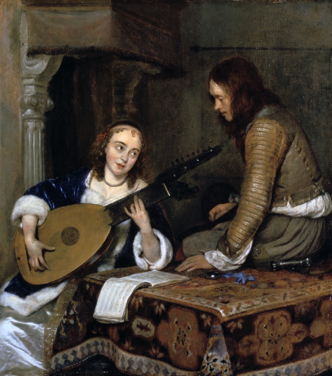 A Woman Playing the Theorbo-Lute and a Cavalier, c1658 by Gerard Terborch II