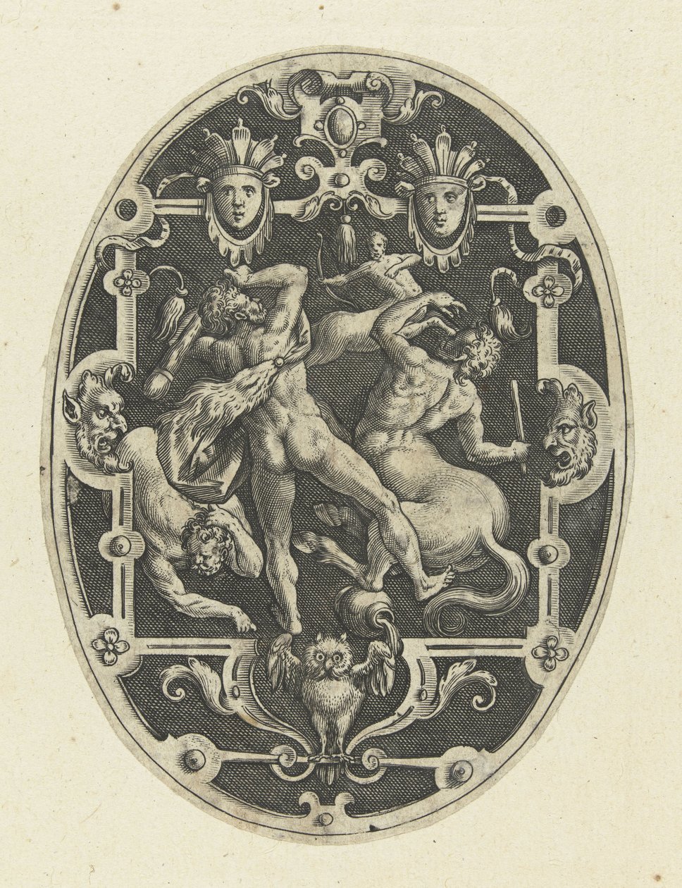 Hercules Fighting the Centaurs (series title: Oval Decorations with the Deeds of Hercules in Grotesques) by Gerard de Jode