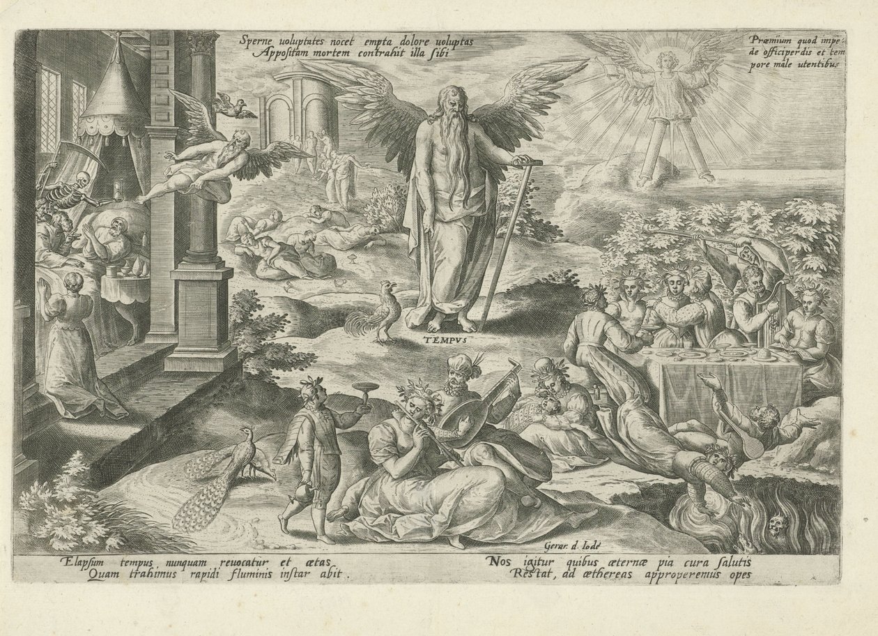 Father Time Among Indolent People (title on object: Shun Pleasures, Pleasure Bought with Pain is Harmful) (series title: Moralizing Allegories on Time) by Gerard de Jode