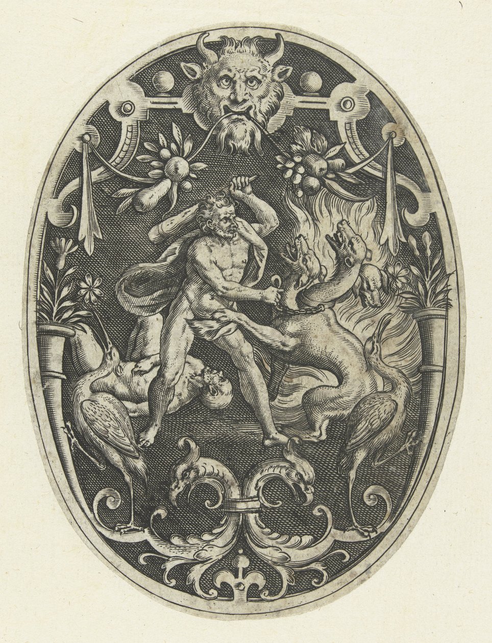 Flat Decoration: Hercules Kills the Monster Geryon (Oval Flat Decorations with the Deeds of Hercules in Grotesques) by Gerard de Jode