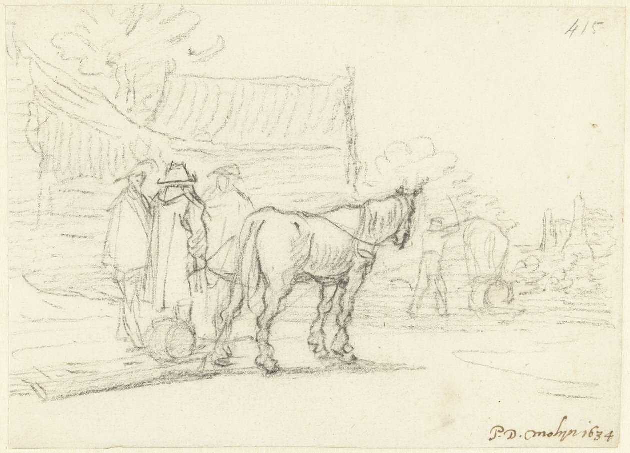 Three Men Next to a Horse and Sleigh by Gerard ter Borch (II)