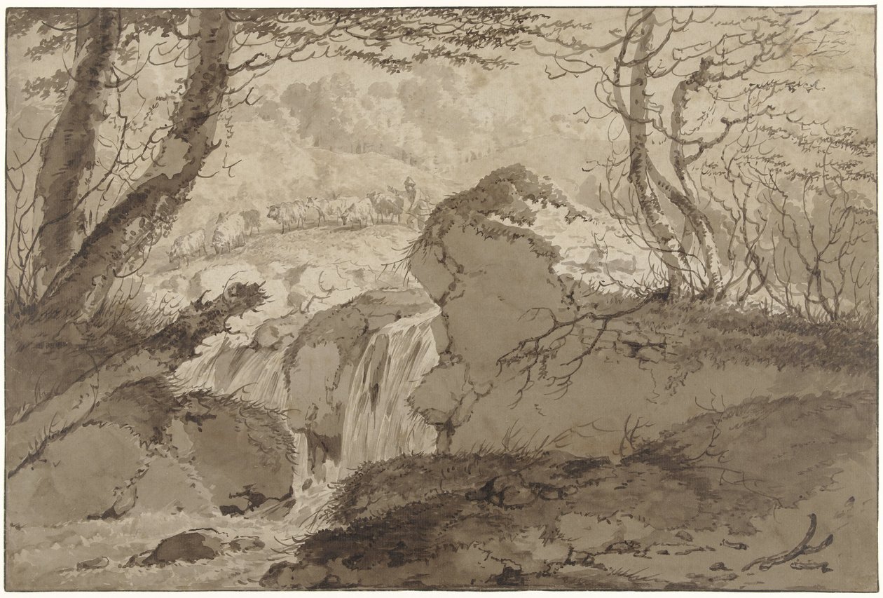 Mountain Landscape with Waterfall Among Trees, Along Which a Shepherd Leads His Flock by Gerard van Nijmegen