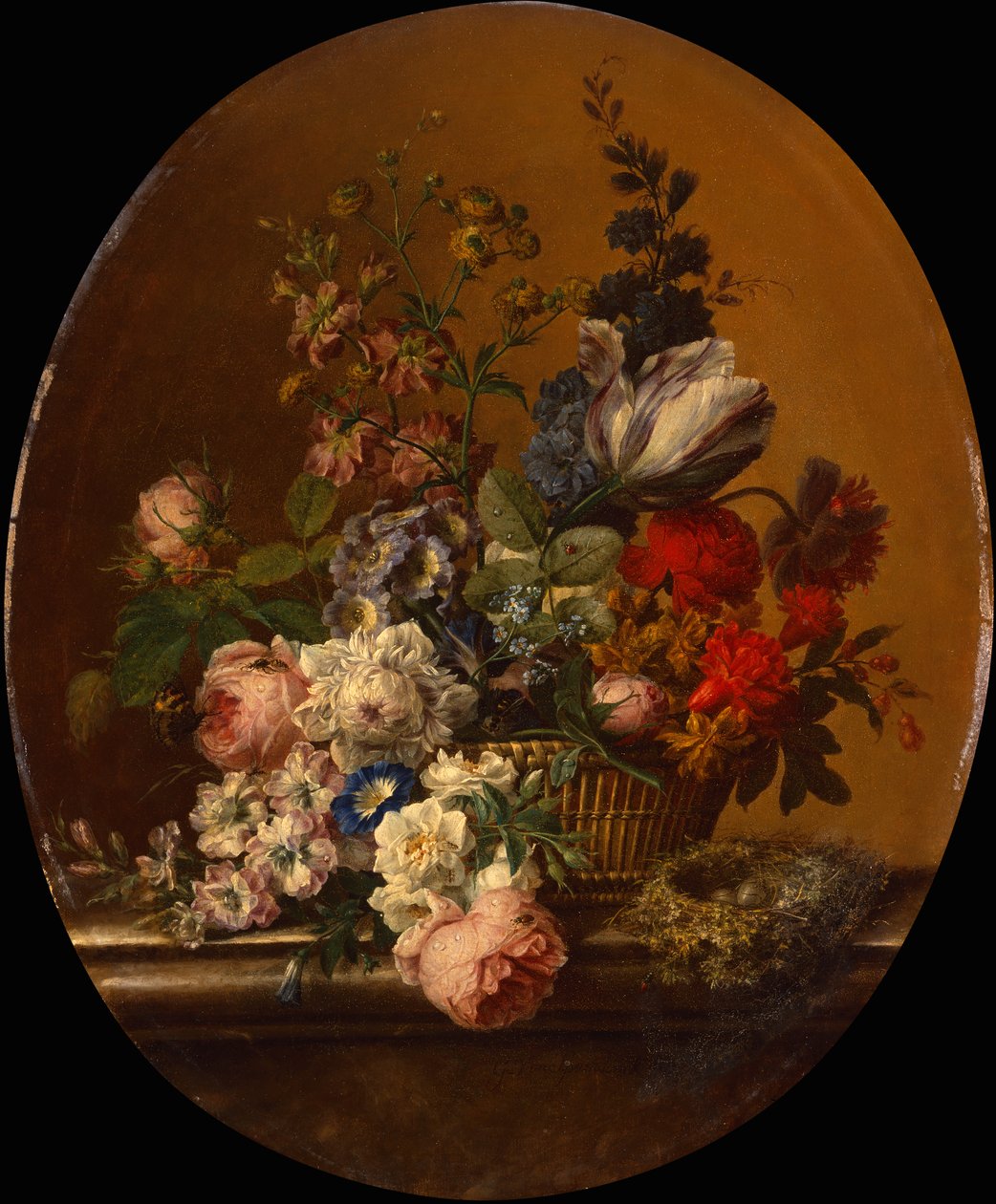 Still Life of Flowers in a Basket with a Dunnock