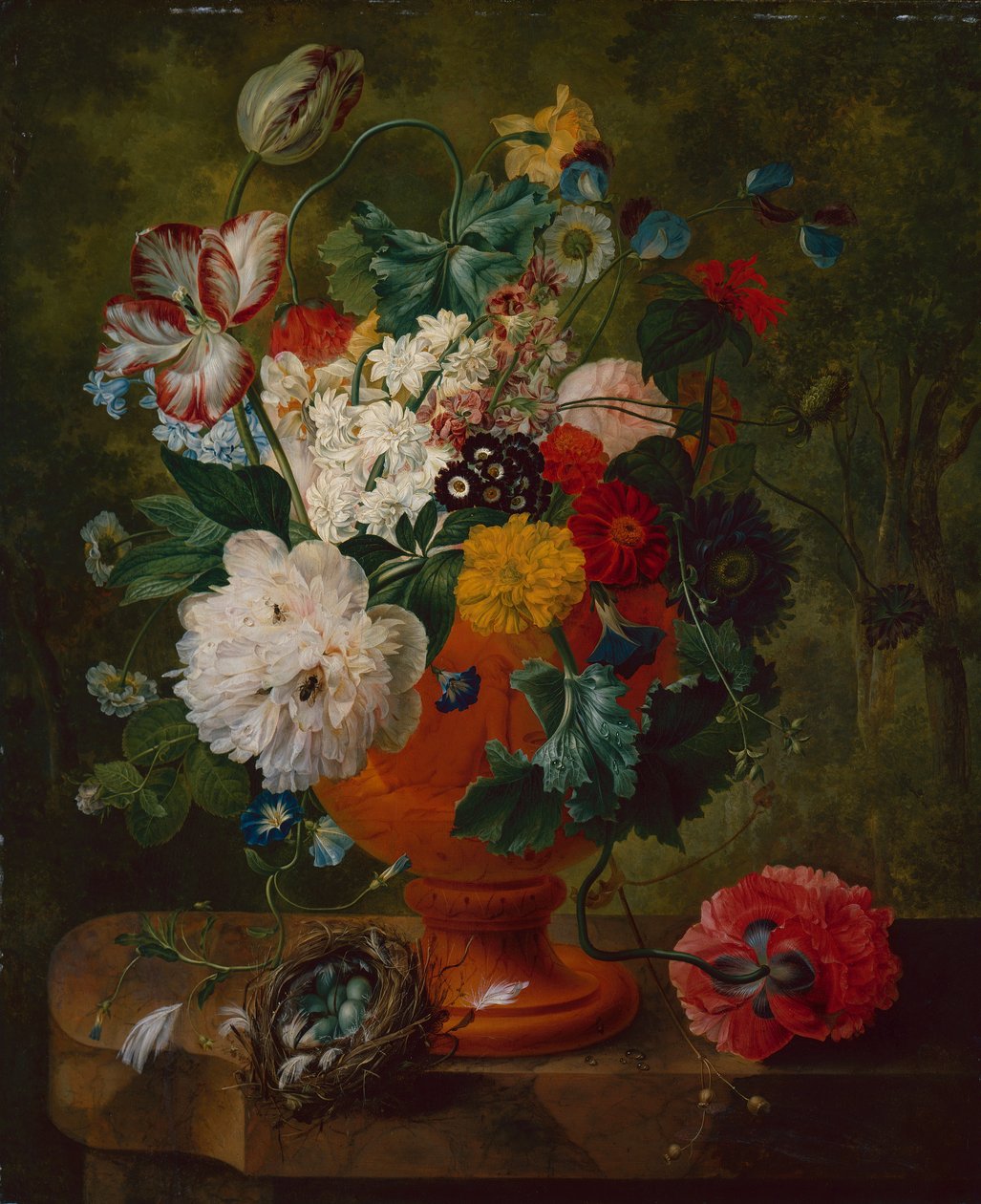 Summer Flowers in an Urn with a Bird Nest on a Marble Ledge by Gerard van Spaendonck
