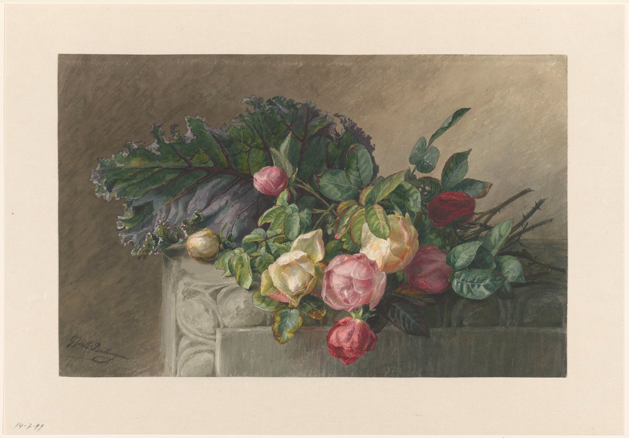 Still Life with Roses and Cabbage Leaf by Gerardina Jacoba van de Sande Bakhuyzen