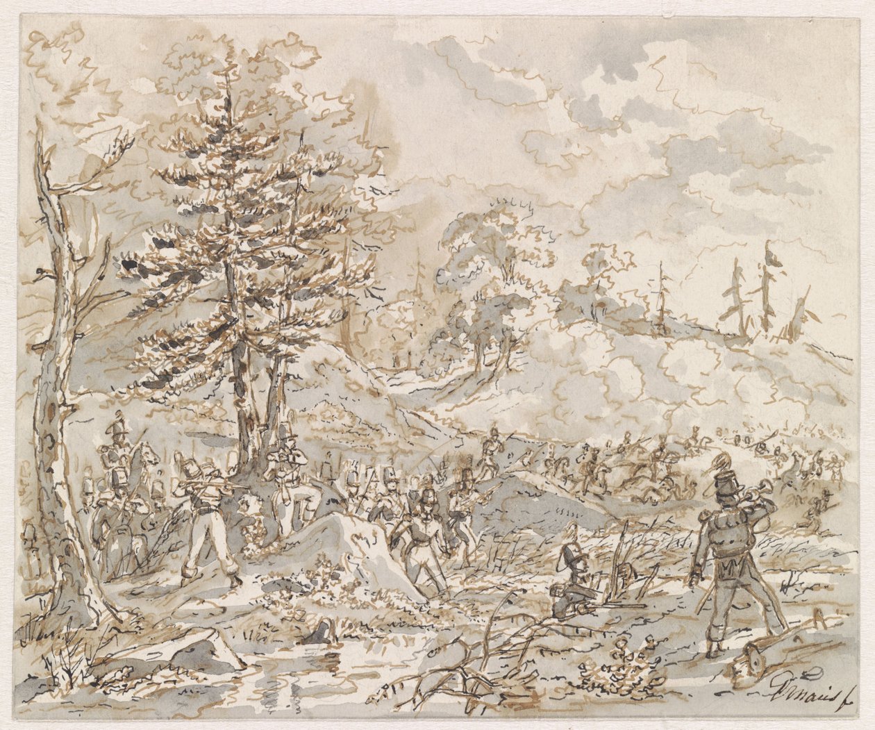 Battle Between Cavalry and Foot Soldiers in a Hilly Landscape by Gerardus Emaus de Micault