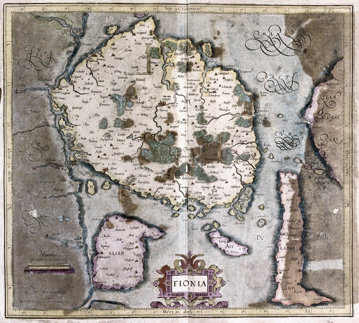 Denmark (the Island Langeland with Odense) (engraving) by Gerardus Mercator