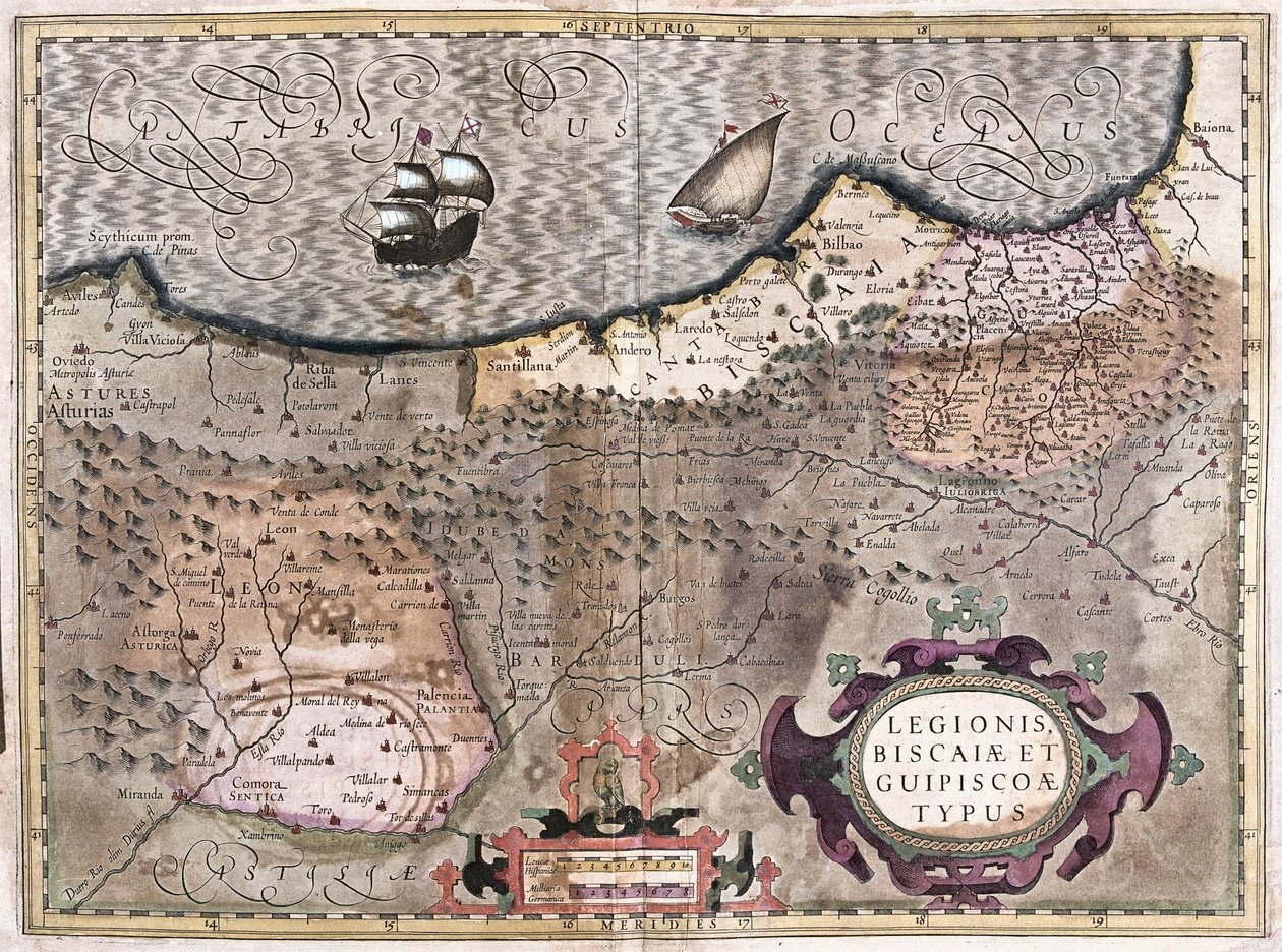 Oviedo, Burgos, Bilbao, Bayonne (Asturias), Spain (engraving) by Gerardus Mercator