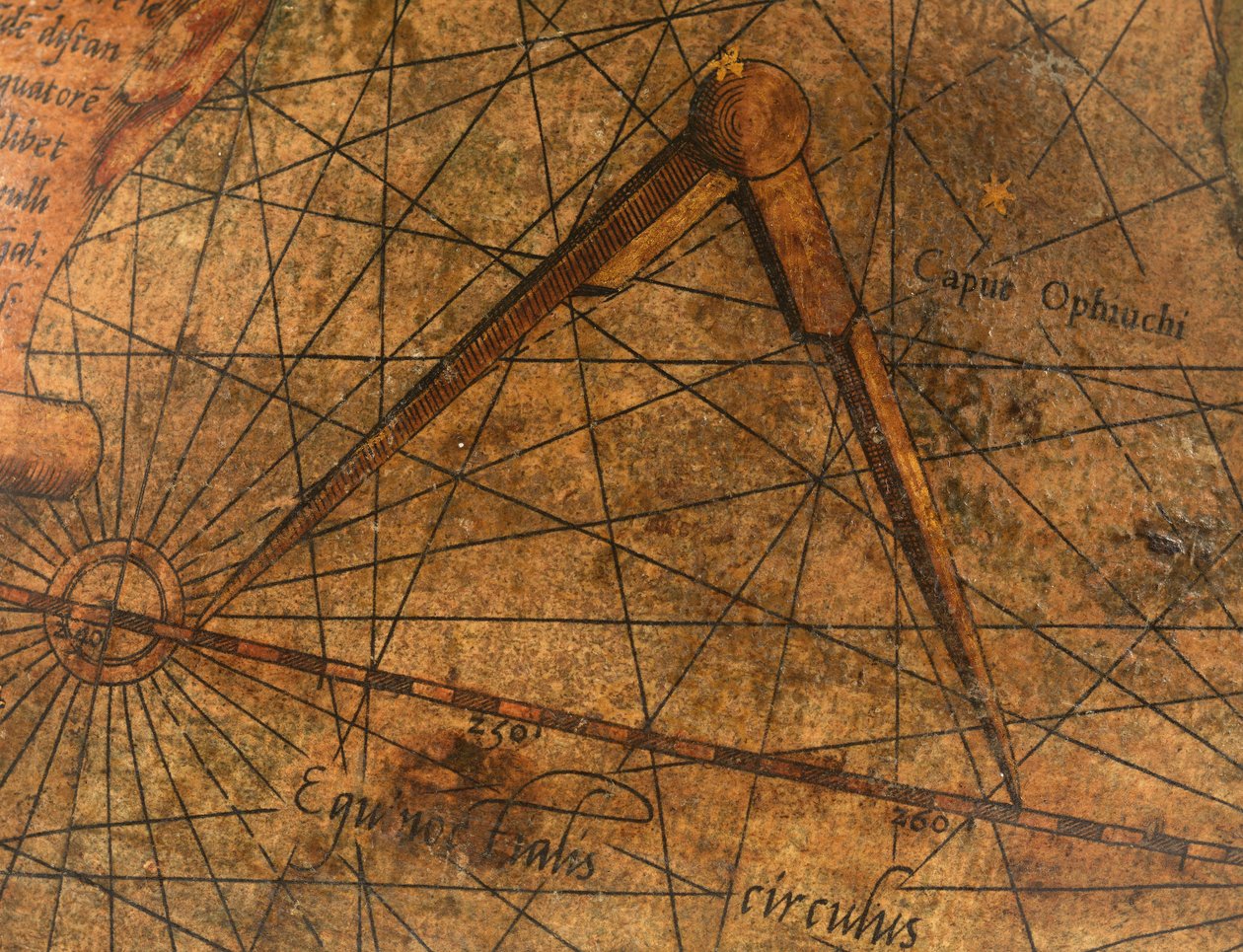 Terrestrial Globe, detail of the Pacific Ocean with a large pair of dividers by Gerardus Mercator