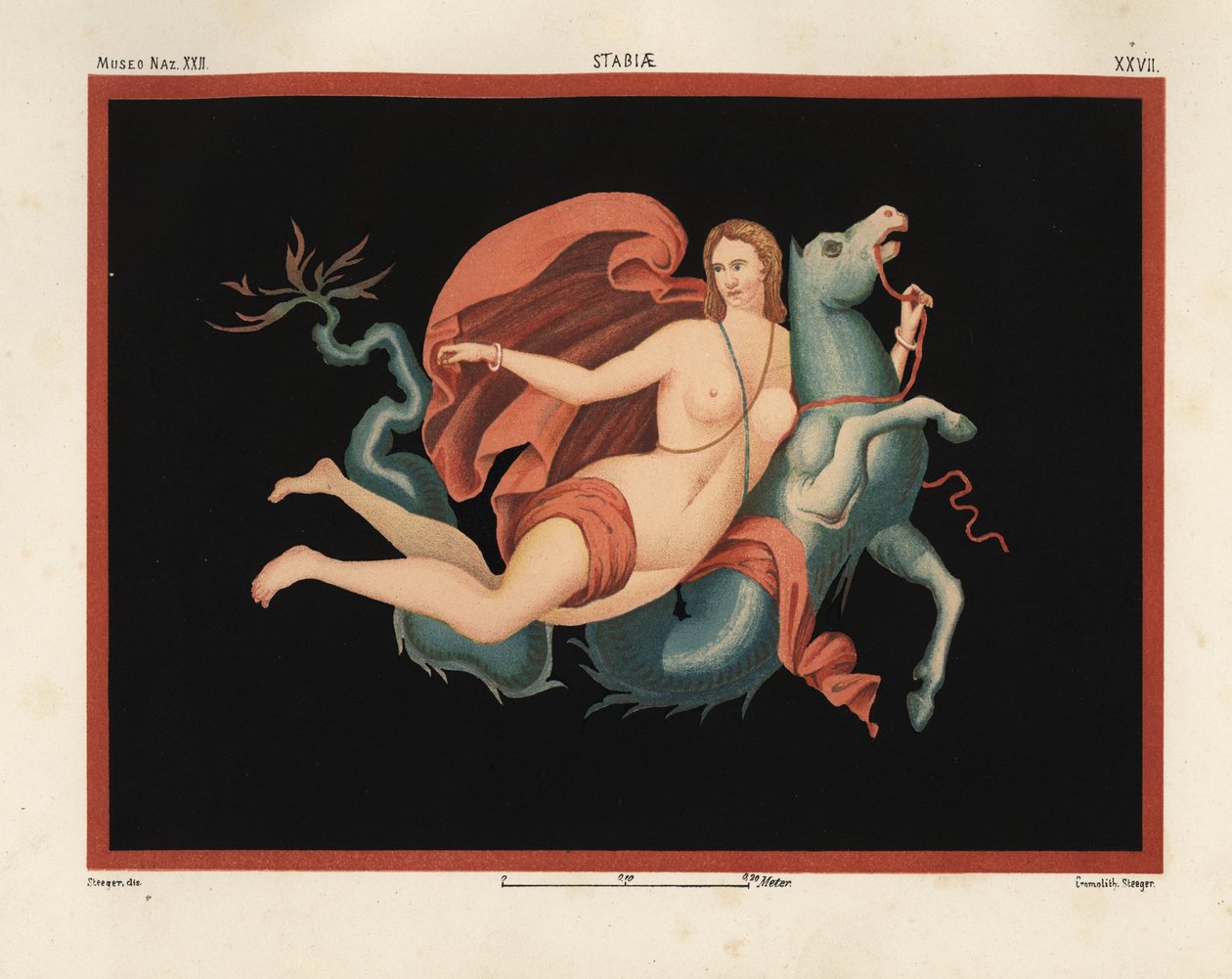 A Nereid (Sea Nymph) in Mantle and Bracelets Riding on a Sea Monster or Hippocampus, Half Horse and Half Fish. Museo Naz. XXII, Stabiae. Drawn and Chromolithographed by Victor Steeger from Emile Presuhn (1844-1878) The Most Beautiful Paintings of Pompeii by Geremia Discanno