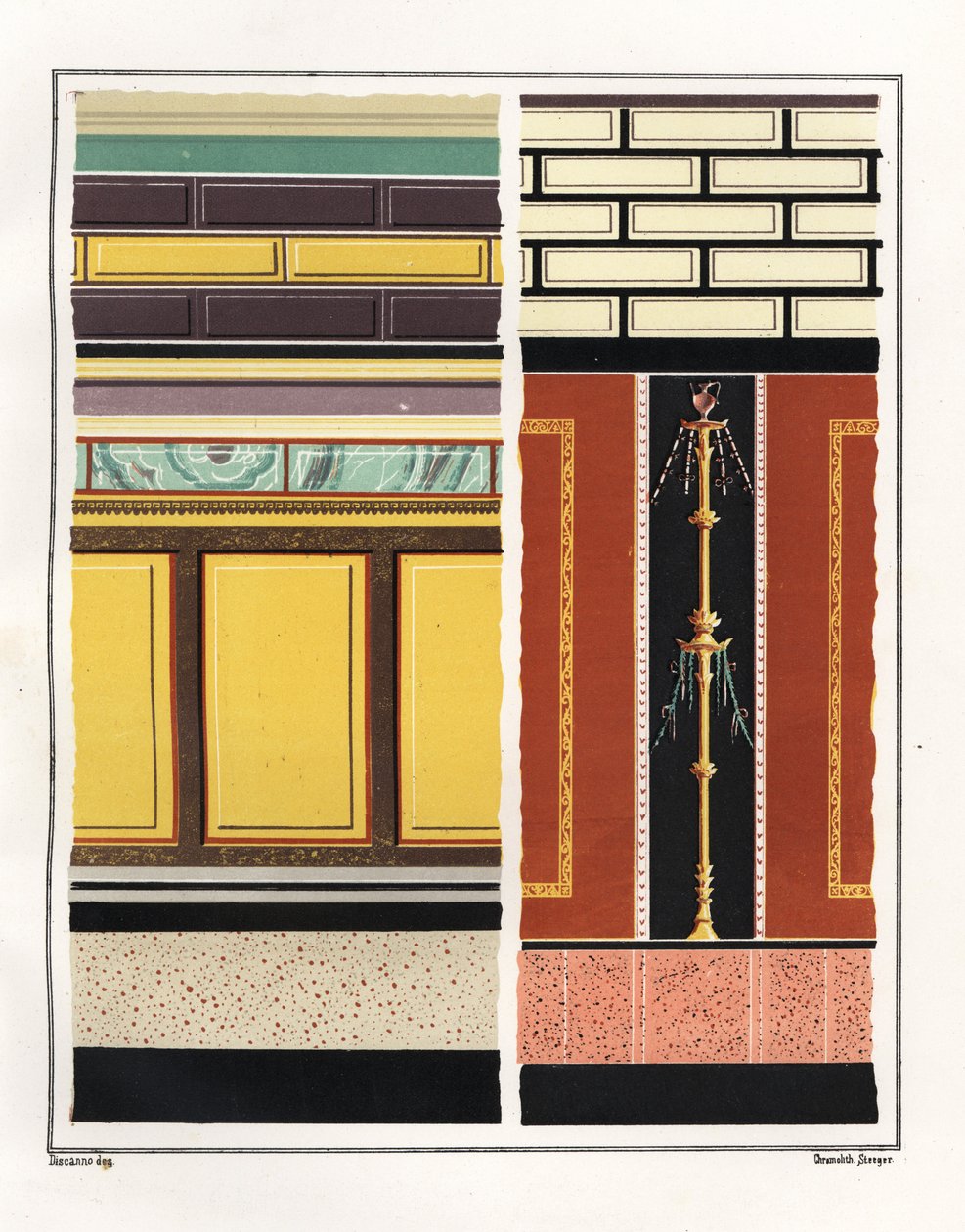 Wall paintings from rooms in the House of the Epigrams. V, Ins. 1, No. 18. On the left, a mural from an atrium, and at right, a mural from an antichamber. Chromolithograph by Victor Steeger after an illustration by Geremia Discanno from Emile Presuhn by Geremia Discanno