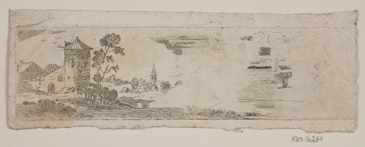 Sample Sheet of Landscape with Castle and Church by Gerhard Ludvig Lahde