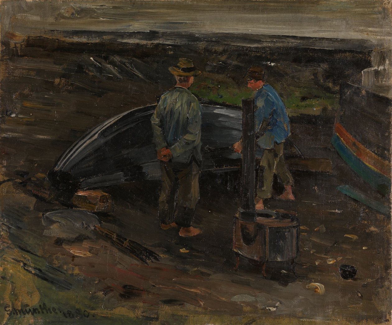 Boys Tarring a Boat, Nevlunghavn by Gerhard Munthe