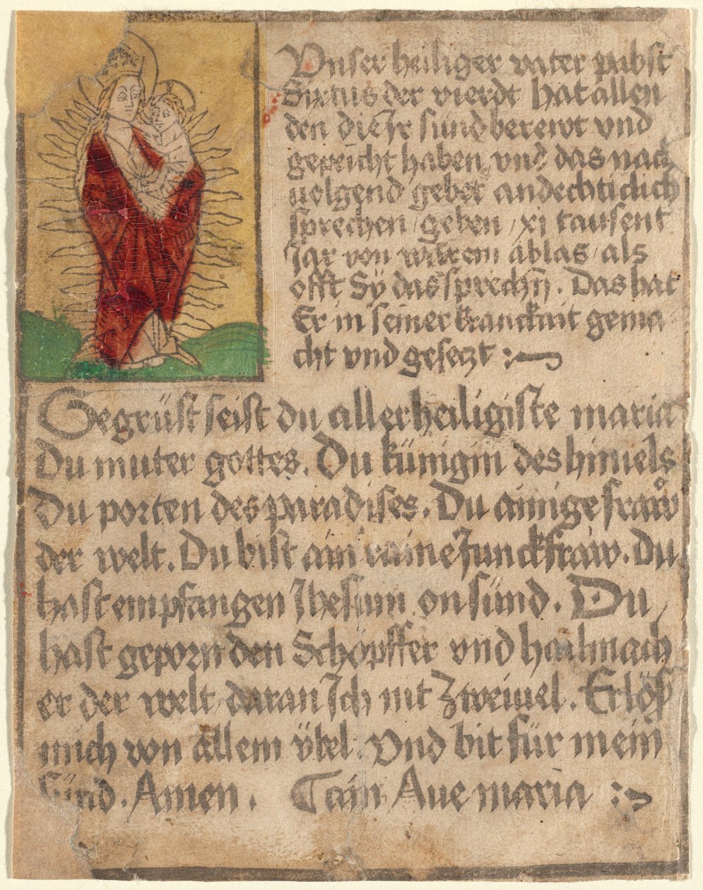 Madonna and Child in a Glory with an Indulgence and a Prayer by German 15th Century