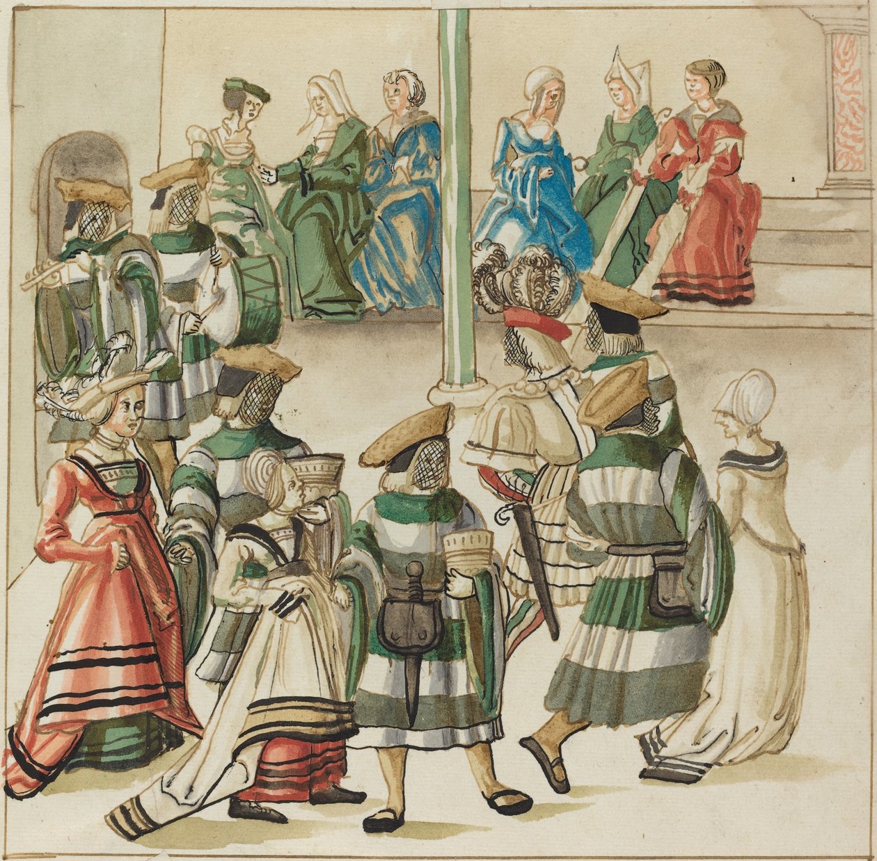 Three Dancing Couples Led by Two Knights in Room with Column by German 16th Century