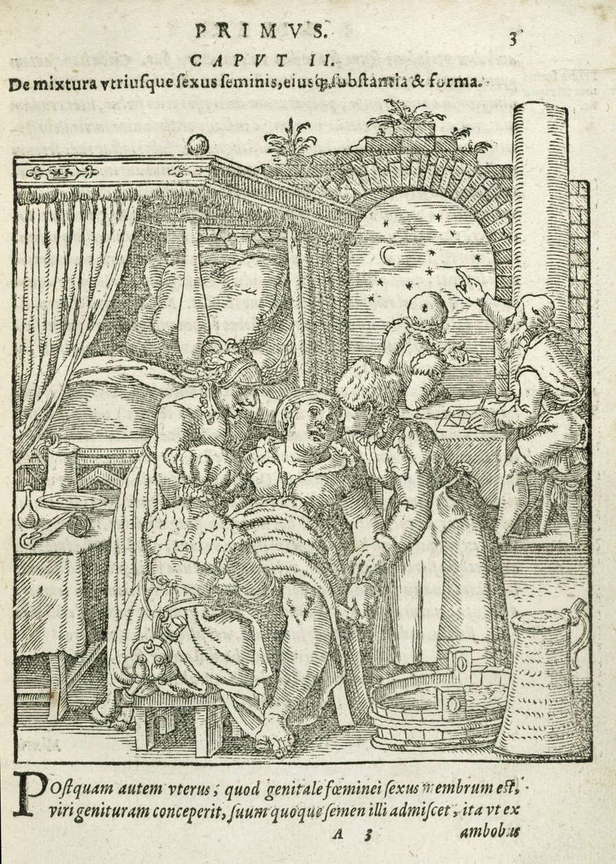 A Woman in Labour, Illustration from Chapter 2, Book 1 of On the Conception and Growth of Man by Rueff, 1587 by German School