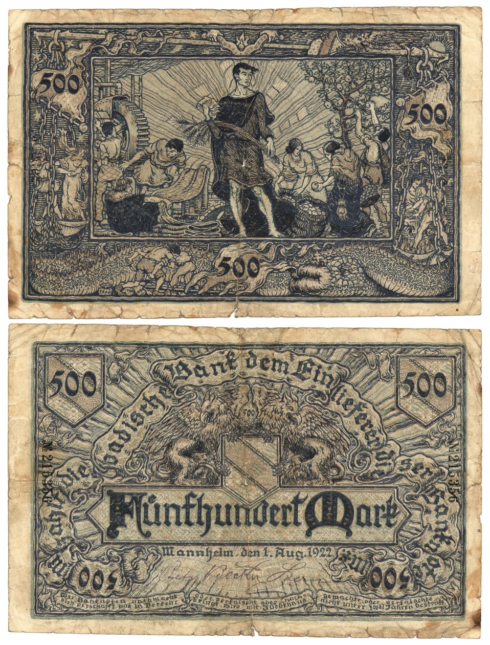 A Five Hundred Mark Banknote, 1922 (recto and verso) by German School