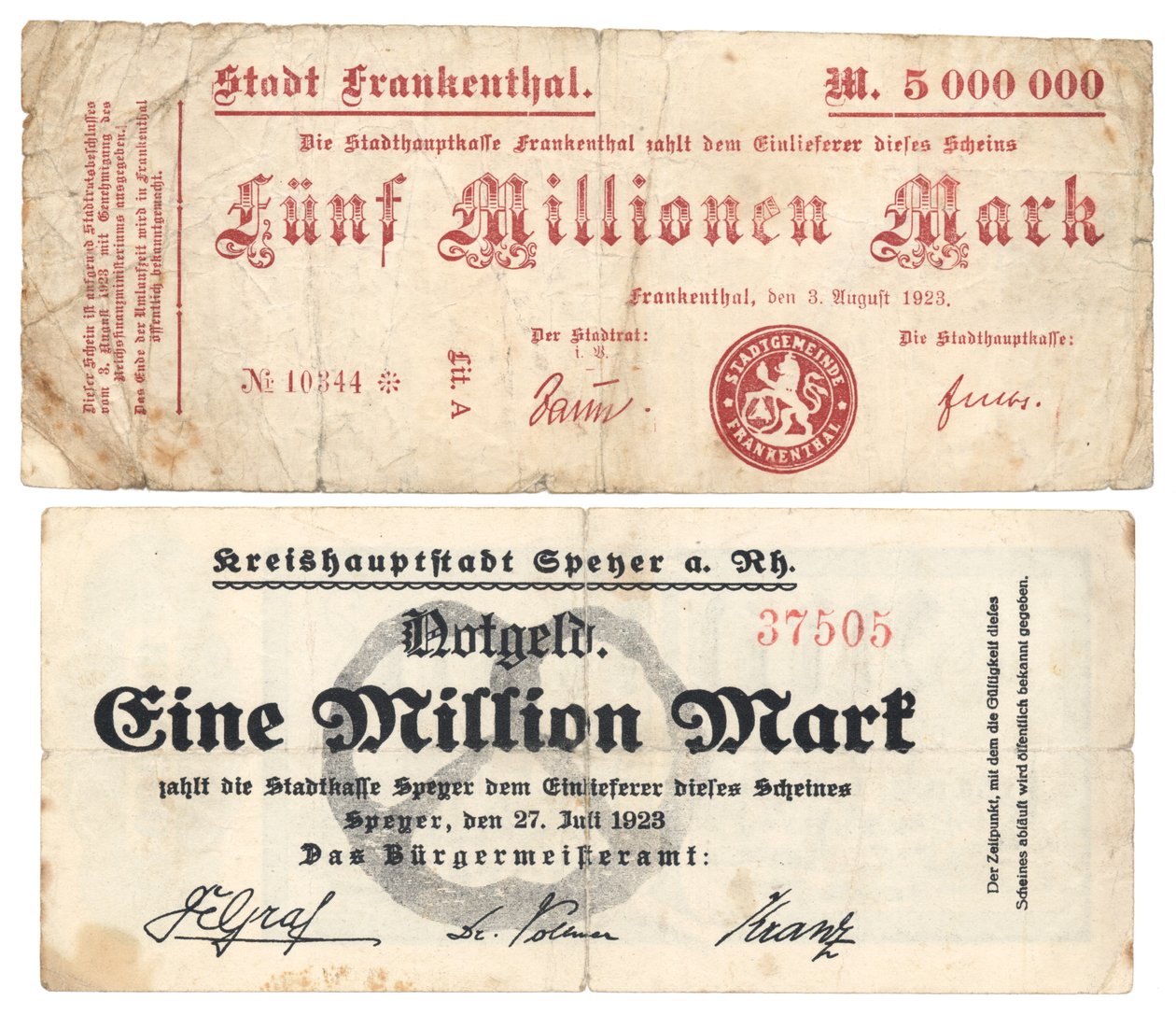 A Five Million and One Million Mark Banknotes, 1923 by German School