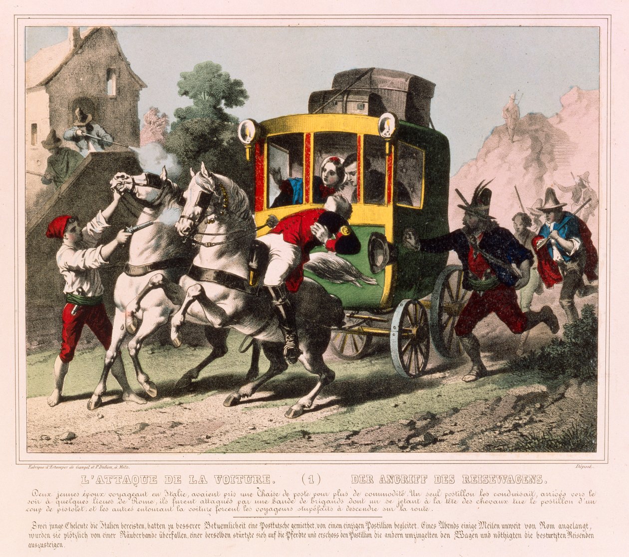 A Honeymooning Couple Attacked by Highwaymen in Italy, Pictorial Broadsheet Published by Gangel & P. Didion, Metz, c.1850 by German School