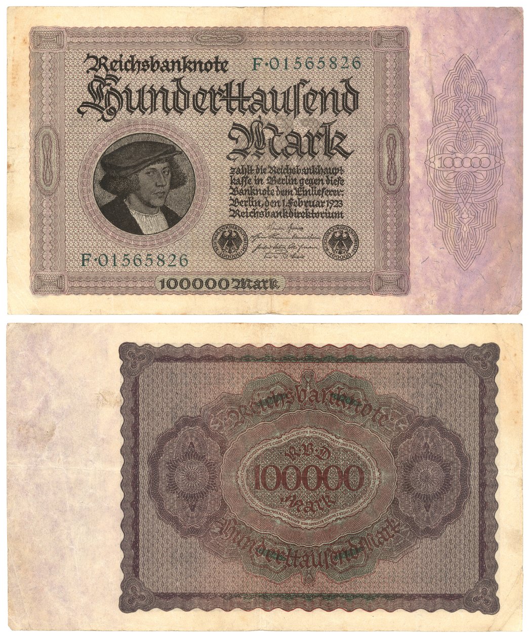 A Hundred Thousand Mark Banknote, 1923 (recto and verso) by German School