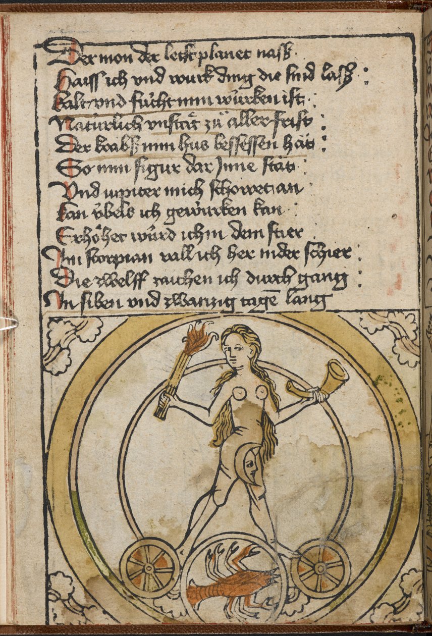 A naked female figure holding a burning torch. A scorpion representing Scorpio. by German School
