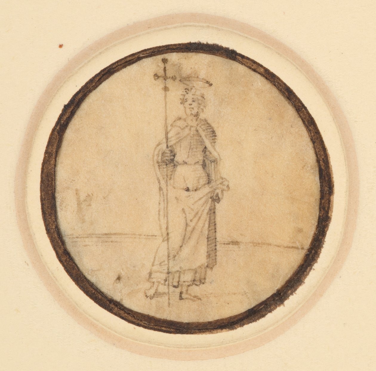 A roundel depicting Christ with a long cloak fixed at the neck holding a processional cross by German School