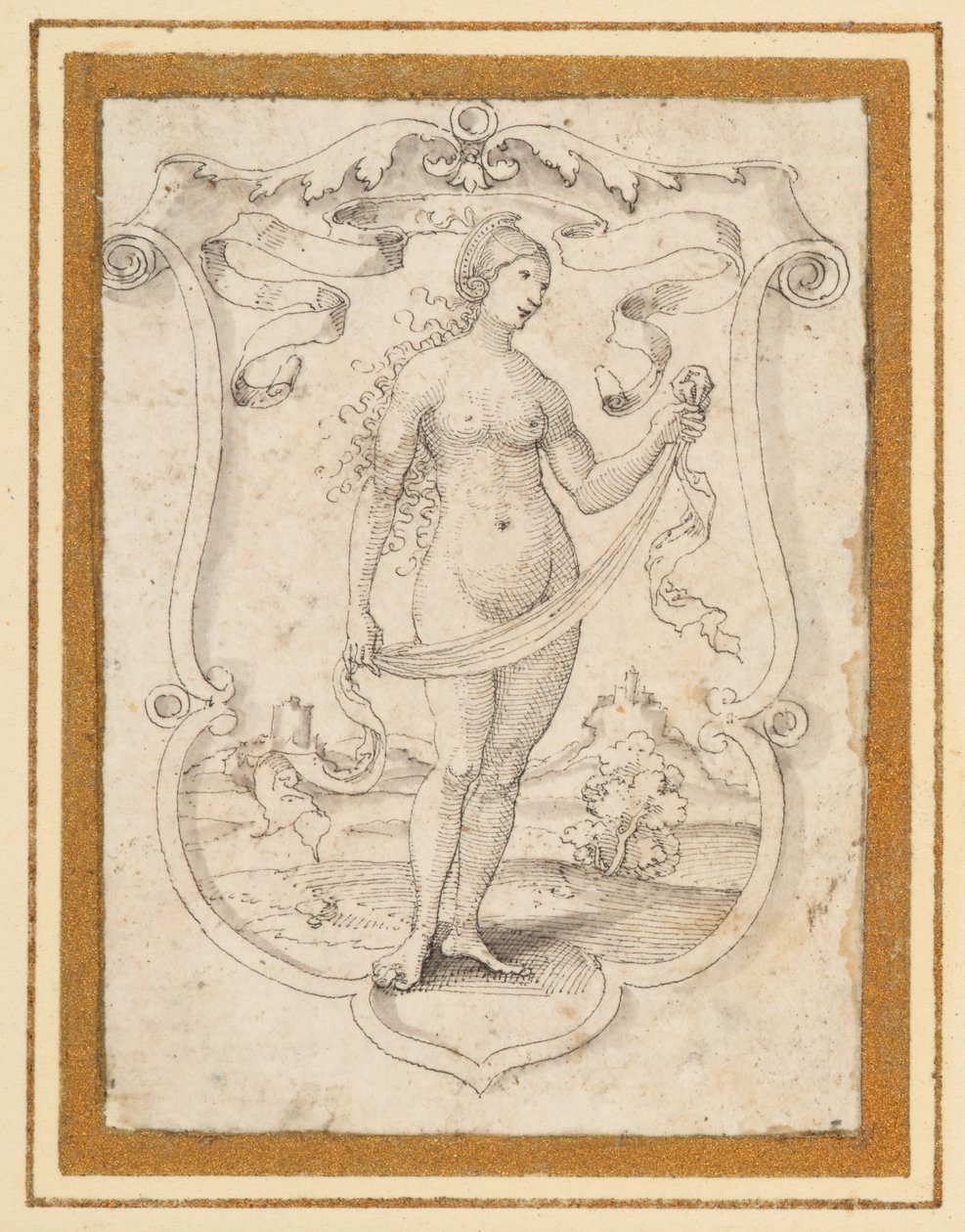 A scrolled shield with the image of a nude woman standing in a landscape, perhaps an allegory of Pride by German School