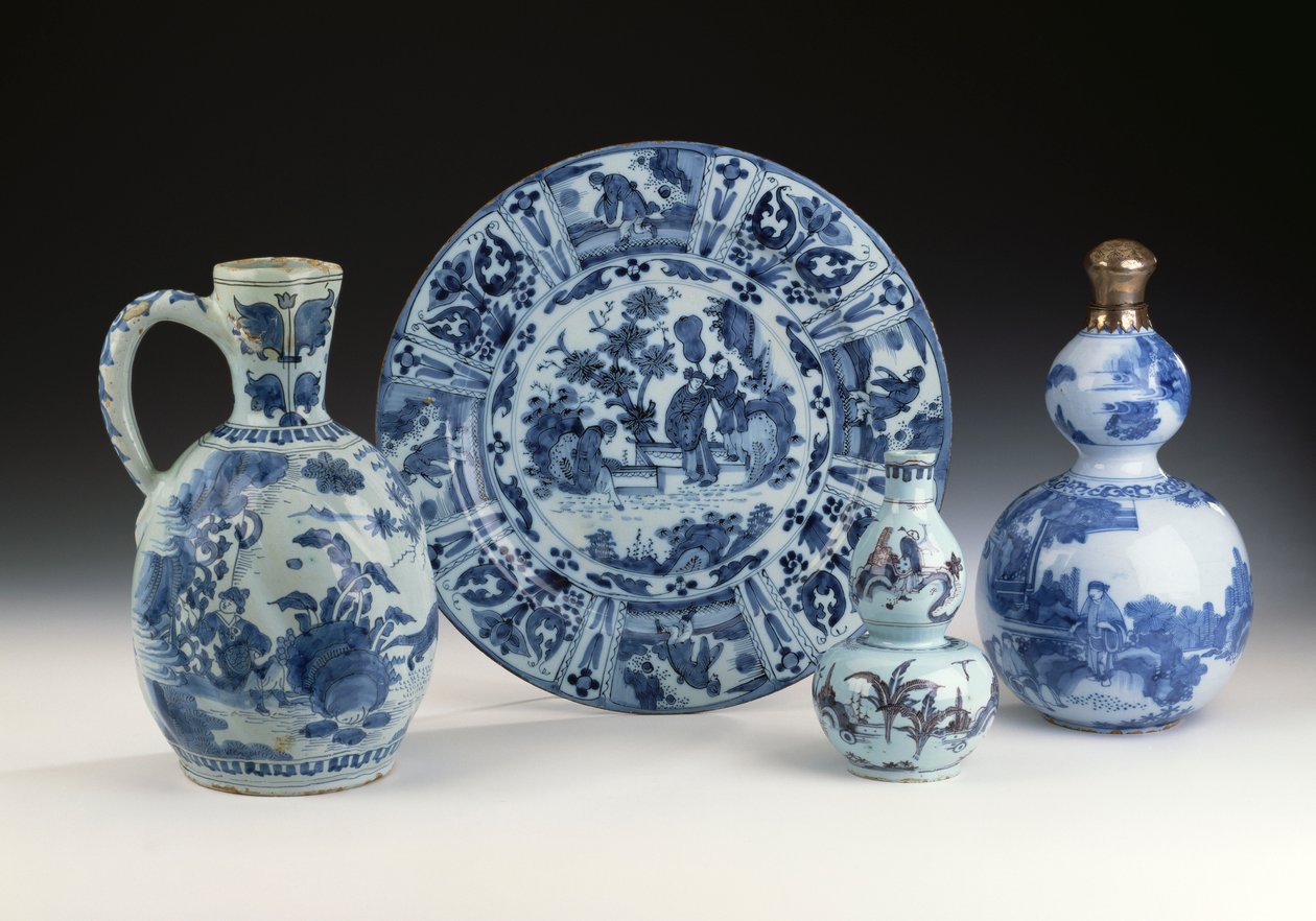 A selection of Frankfurt blue and white ceramics in a Chinese style, c.1700 by German School
