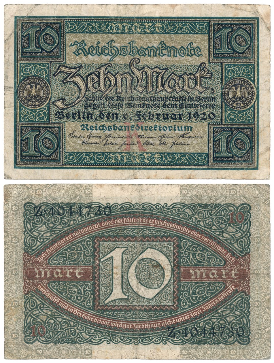 A Ten Mark Banknote, 1920 (recto and verso) by German School