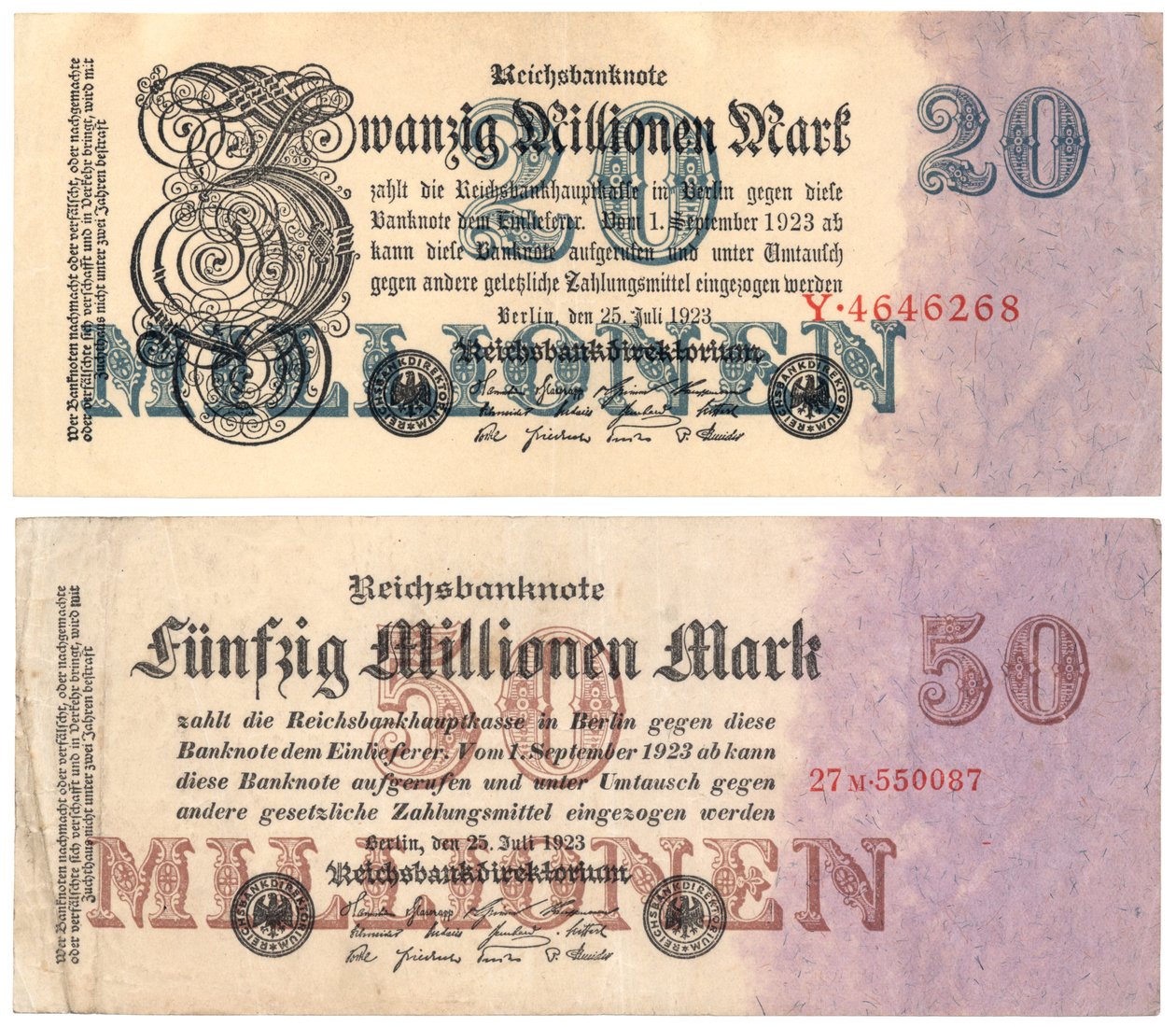 A Twenty and Fifty Million Mark Banknotes, 1923 by German School
