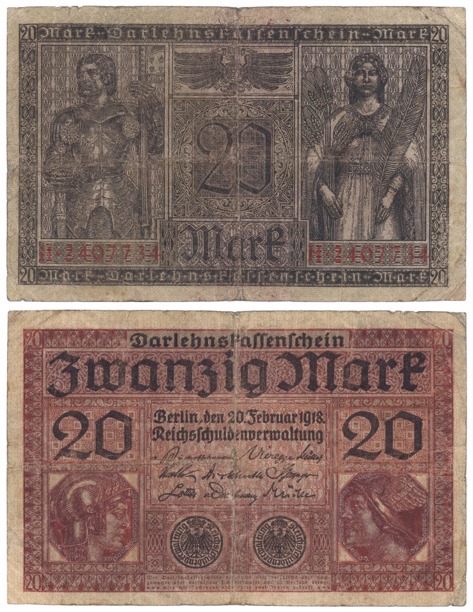A Twenty Mark Banknote, 1918 (recto and verso) by German School