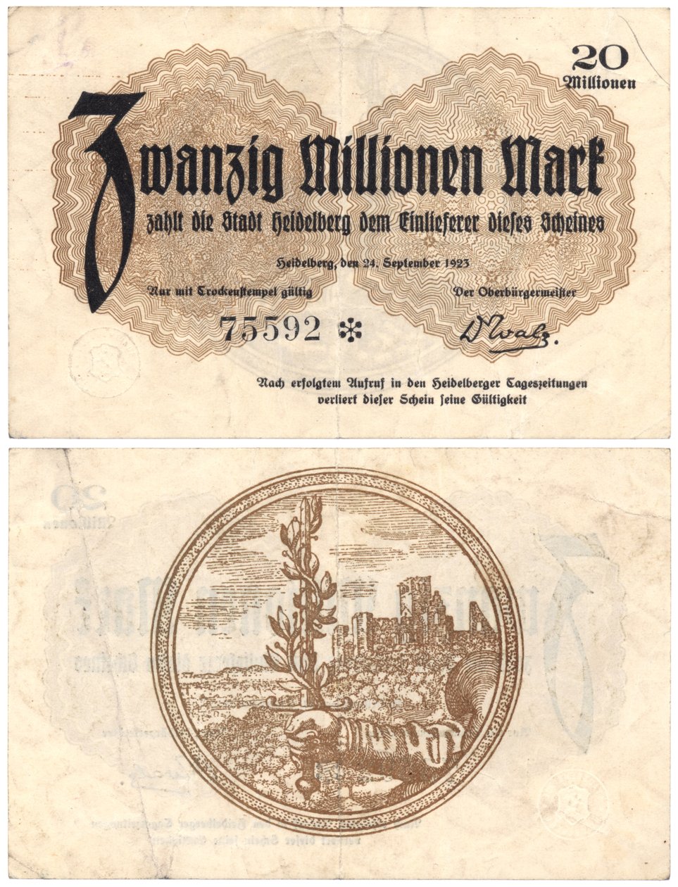 A Twenty Million Mark Banknote, 1923 (recto and verso) by German School