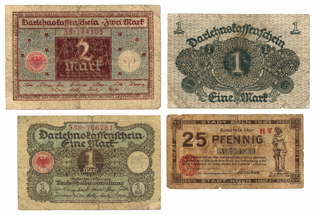 A Two Mark Banknote, Two One Mark Banknotes and a Twenty Five Pfennig Banknote, 1920-21 by German School